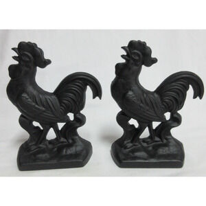 VTG Cast Iron Black Rooster Bookends for Recipe Books Farmhouse Heavy READ